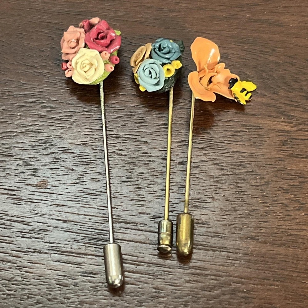 Vintage Stick Pin Lot Set of 3 Floral Spring Summer Theme Hat Lapel Pins